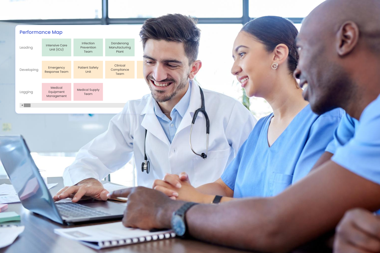 Healthcare team reviewing facility performance
